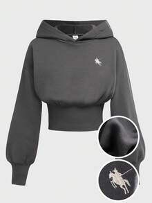 SHEIN 青少年女孩深灰色連帽馬刺繡短版高腰長袖休閒極簡純色秋季運動衫 - 深灰色 - 查看 1