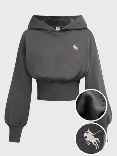 SHEIN Girlism 少女深灰色连帽马刺绣短款高腰长袖休闲简约纯色卫衣