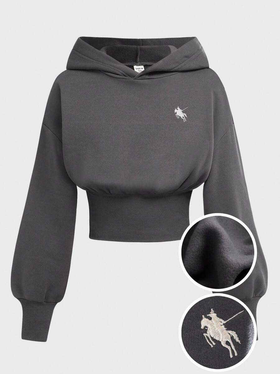 SHEIN 青少年女孩深灰色連帽馬刺繡短版高腰長袖休閒極簡純色秋季運動衫 - 深灰色 - 查看 1