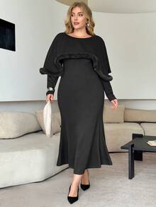Modelyn Plus Size Women's Elegant Knitted 2 Pieces Set, Fuzzy Trim Shawl & Fitted Long Dress, Spring/Autumn - Grey - View 1