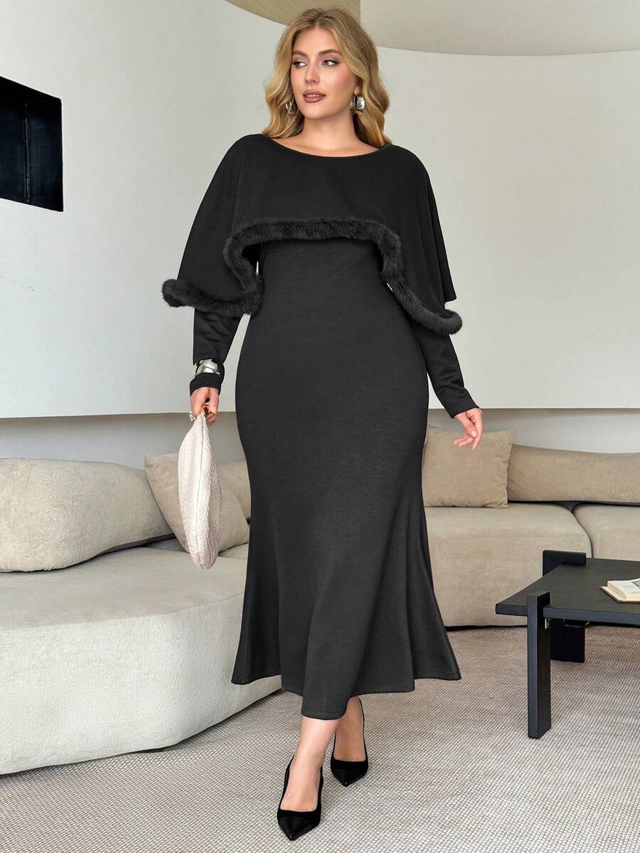 Modelyn Plus Size Women's Elegant Knitted 2 Pieces Set, Fuzzy Trim Shawl & Fitted Long Dress, Spring/Autumn - Grey - View 1