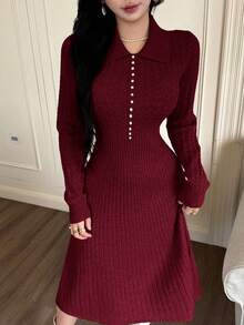 Feyla 女式纯色修身长袖休闲针织毛衣裙，百搭优雅的秋冬女装 - 酒紅色 - 查看 6