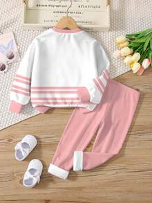 SHEIN Leap Crew 两件套少女休闲圆领舒适长袖卫衣和打底裤套装，适合秋冬季节，简约运动风，尺码23，经典城市名称文字印花，条纹点缀，酷炫图案文字印花 - 彩色 - 查看 3