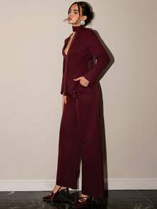 SHEIN Glamour 红色V领收腰宽松休闲套装，女士优雅时尚办公通勤百搭套装 - 酒紅色 - 查看 12