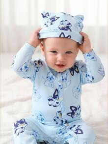 SHEIN 新生儿可爱卡通动物印花长袖连体衣+帽子两件套服装，简约时尚，蓝色 - 藍色 - 查看 1