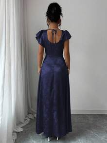 Elenzga Đầm dài nữ xuân hè cổ vuông, tay bèo nhún, thắt nơ eo sau lưng, xẻ tà trước, vải jacquard bóng màu xanh lá cây, đa năng khi đi làm, mặc hàng ngày, phù dâu, dạ hội, tốt nghiệp, thoải mái và hợp thời trang, giá trị cao - Màu xanh hải quân - Xem 2