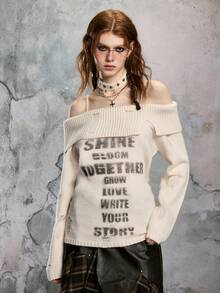 ROMWE EDITION Women's Vintage Casual Off-Shoulder Distressed Spaghetti Strap Letter Logo Print Pullover Sweater - Apricot - View 7