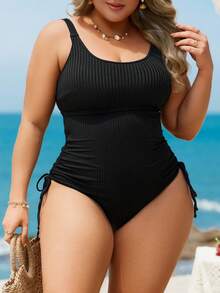 Swim Lushoire Traje de baño de una pieza de talla grande para mujer, de nuevo unicolor y tela especial, con tirantes ajustables, relleno desmontable, cordón lateral, control de abdomen, sexy, informal, elegante, adecuado para la playa y la natación - Negro - Ver 6