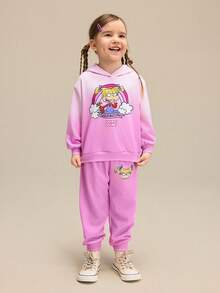 Nick 90s | SHEIN Young Girl Cute Cartoon Pattern Ombre Print Loose Fit Hooded Sweatshirt & Pants Set, Autumn/Winter - Pink - View 1