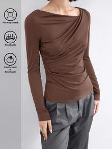 BizChic 2025秋冬新款不对称斜领褶皱女式T恤，现代优雅都市通勤日常百搭浪漫休闲90年代风格，适合圣诞节、新年、感恩节派对、海滩、毕业典礼、时尚场合，也适合婚礼宾客、主人、约会、派对、音乐会、早午餐、机场等多种场合。 - 棕色 - 查看 3