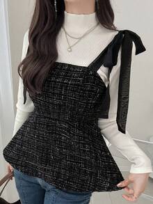 FRIFUL Women's Solid Color Textured Fabric Shoulder Tie Bow Layered Waist Cinched Slim Fit Versatile Camisole, Autumn/Winter