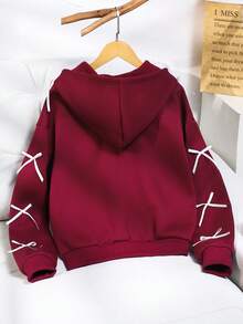 SHEIN 少女纯色时尚蝴蝶结卫衣外套，采用舒适的抓绒面料，时尚的袖子设计，整体展现青春活力少女风，适合返校季或日常户外穿着。 - 酒紅色 - 查看 2