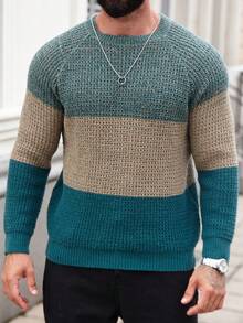 Manfinity Homme Plus Size Men's Contrast Color Round Neck Raglan Sleeve Casual Sweater, Autumn/Winter - Multicolor - View 3