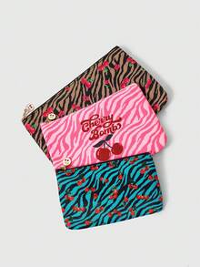 ROMWE Kawaii Three-Piece Leopard Print Cherry Pattern Handbag, Large-Capacity Small Square Bag For Women's Cosmetics Storage 390067/1339239/ - Multicolor - View 2