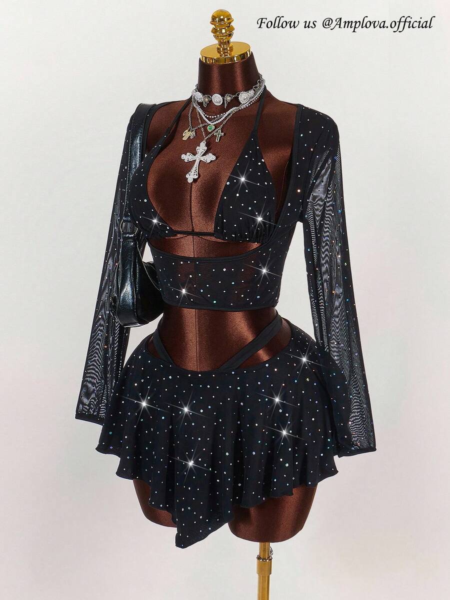 Y2K Amplova 2pcs/Set Sequin Detail Sexy Tight Fit Long Sleeve Crop Top & Tight Fit Inverted V Mini Skirt Star Dress Two Piece Outfit Sparkly Two Piece Set Y2k Women Two Piece Outfits Internet Celebrity Style Y2K Amplova Christmas Sequin New Year Thanksgiving Christmas Party - Black - View 1