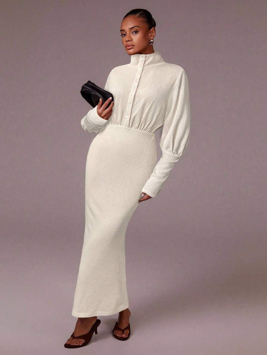 Athîral Women's Elegant Solid Color Dress With Stand Collar - White - View 1