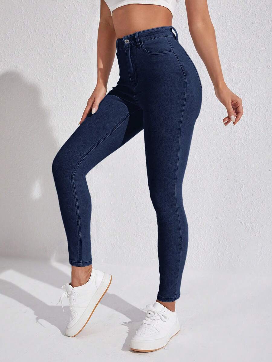 SHEIN SXY 女士高腰口袋修身休闲百搭牛仔裤 - 寶藍色 - 查看 1
