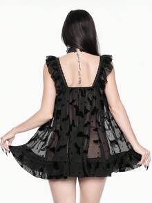 ROMWE Robe de poupée Lolita gothique, robe ample et transparente avec maille, chauve-souris, étoile, velours, jacquard, patchwork de dentelle, décoration de nœud, ensemble de mini-robe sexy en mousseline de soie - Noir - Voir 2