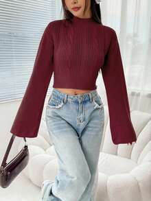 SHEIN EZwear 秋冬季酒红色立领喇叭袖短款毛衣，长袖上衣，圣诞服装 - 酒紅色 - 查看 5