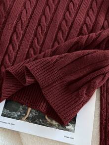 SHEIN Tween Girl Casual Solid Color Dropped Shoulder Loose Textured Knit Cropped Sweater, Autumn/Winter - Burgundy - View 9