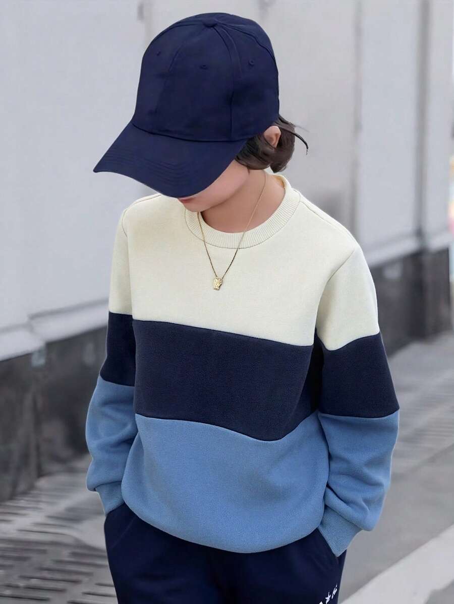 Mirajuku 1 件男童休闲拼色圆领套头衫，适合秋冬季上学、通勤、运动，可搭配夹克或背心