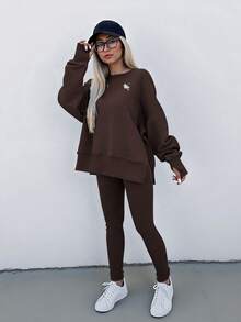 INAWLY Conjunto de dos piezas de top con abertura lateral y pantalones, talla grande, para otoño/invierno - Café integral - Ver 1