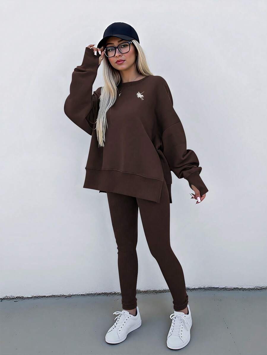 INAWLY Conjunto de dos piezas de top con abertura lateral y pantalones, talla grande, para otoño/invierno - Café integral - Ver 1