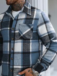 Manfinity Homme Plaid Front Button Casual Everyday Long Sleeve Shacket - Blue - View 6