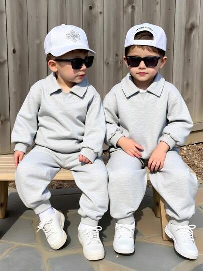 TaviRue 两件套男童休闲纯色长袖POLO衫卫衣和运动裤套装，加厚磨毛面料，适合上学季穿着