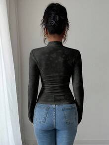 Elenzga Áo thun nữ cài nút vải jacquard trơn màu thanh lịch, mùa thu - màu đen - Xem 2