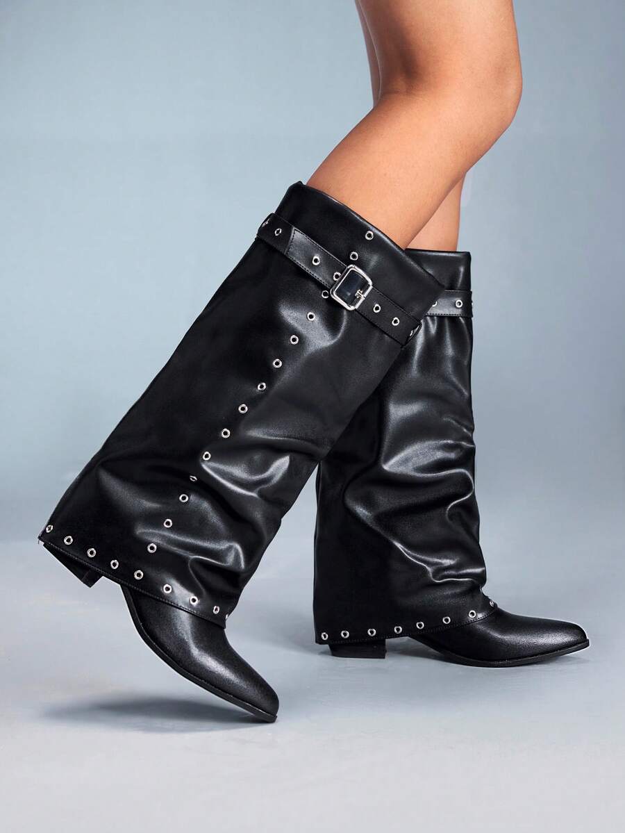 CUCCOO GRLICON Y2K Punk Style Pointed Toe Wooden Heel Knee-High Slip-On Buckle Belt Rivet Decor Boots, Suitable For Motorcycle, Cool Girl, Halloween, Christmas, Party Outfits - Black - View 1