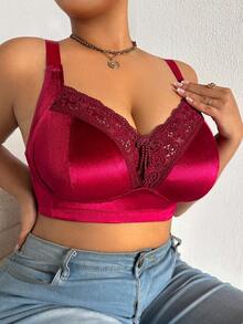 DesireSculpt 1件加大码女士纯色撞色蕾丝无钢圈文胸 - 酒紅色 - 查看 9