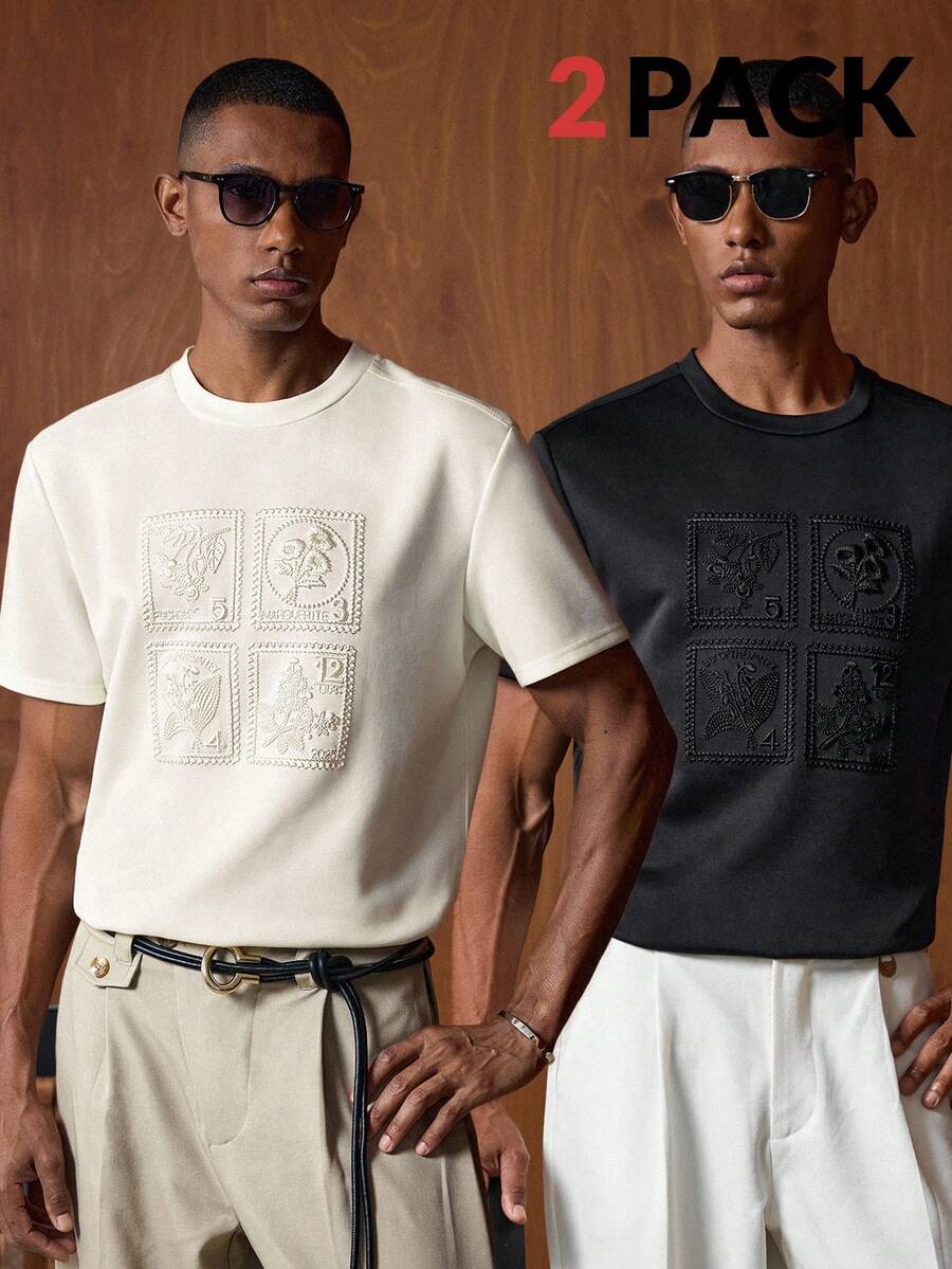 AKNOTIC Bộ 2 áo thun tay ngắn thêu màu trơn thường ngày cho nam, mùa hè - màu đen - Xem 1