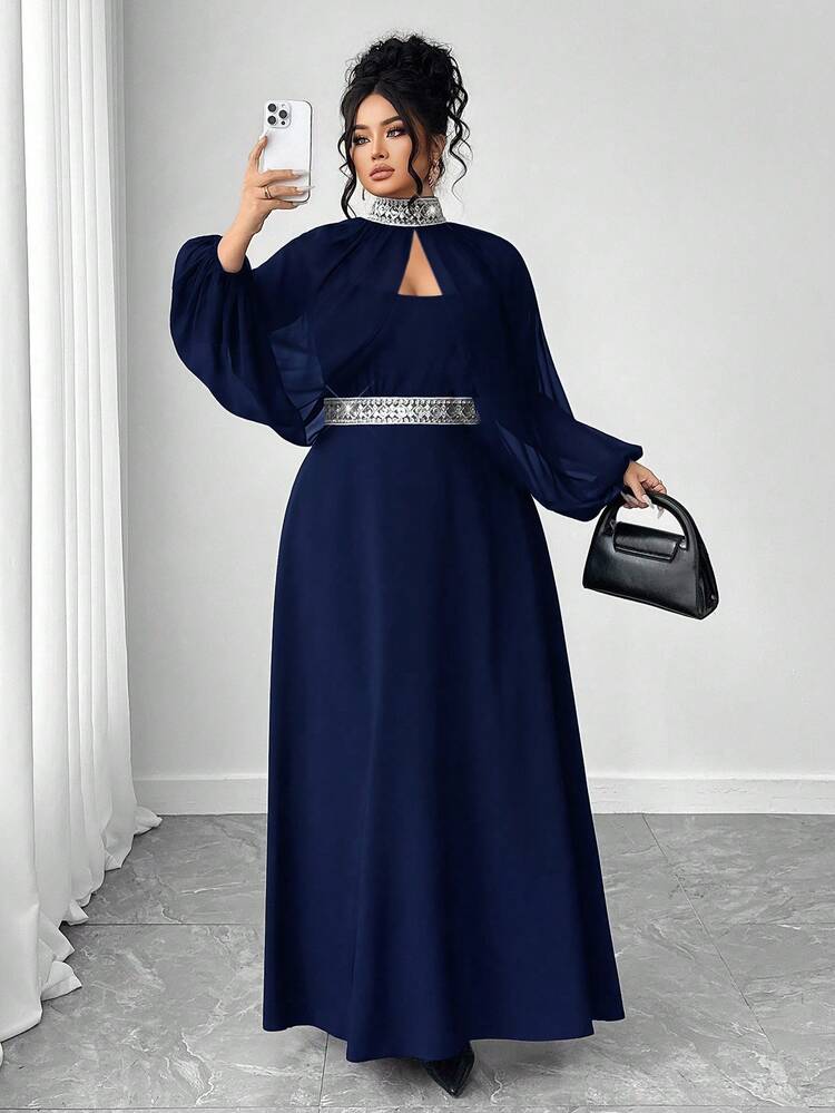 SHEIN Elenzya Plus Size Women Dark Feminine Fashion (Wednesday Aesthetic) Elegant High-End Design Niche Chiffon Scarf Shawl Sleeve Open Slit Waist Tie Decor Dress, Suitable For Everyday, Party, Banquet - Navy Blue - View 5