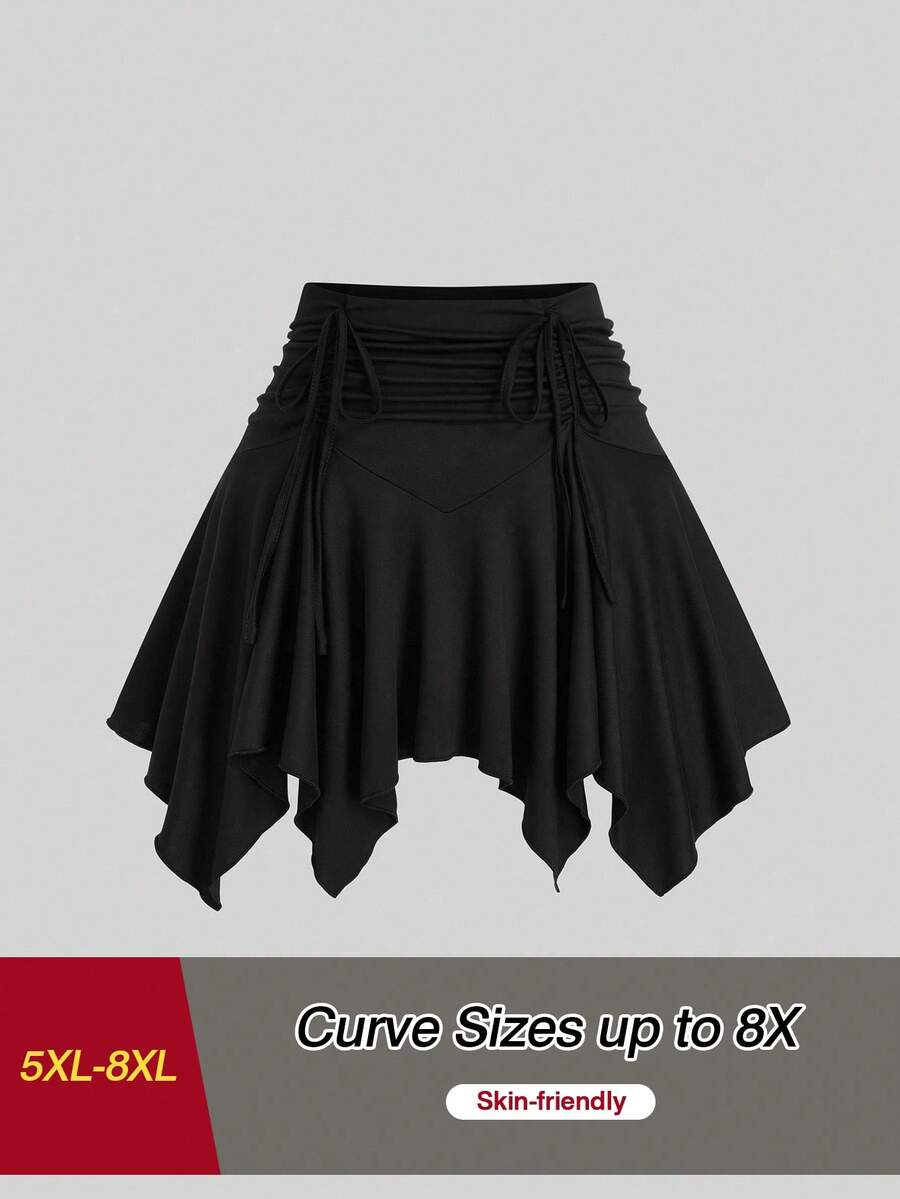 SHEIN CURVE+ 大码不对称下摆半身裙，深色系 - 黑色 - 查看 1