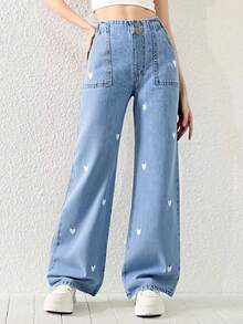 SHEIN ChillGRL 少女牛仔裤，爱心刺绣，Y2K风格，浅蓝色，宽松阔腿，面料柔软，适合日常穿着、上学和通勤，四季皆宜 - 中等水洗藍 - 查看 4