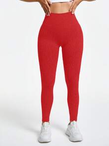 Slayform Leggings de yoga sin costuras de cintura alta y unicolor acanalado para mujer - Rojo - Ver 6