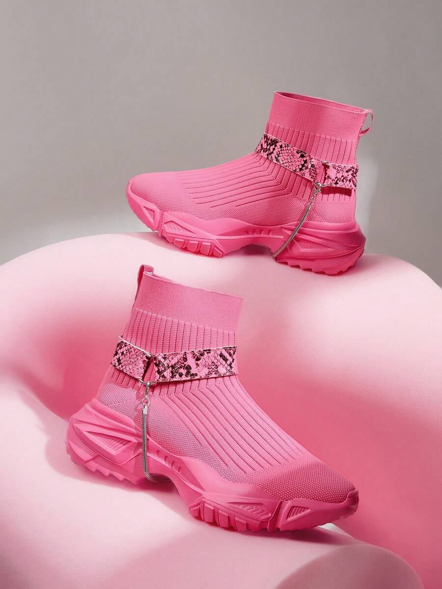 Snakeskin Print High-Top Sock Sneakers Sports Shoes Casual Shoes Tainers - Hot Pink - View 1