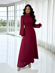 Rafferiza 女士秋冬酒红色丝绒两件套珍珠纽扣高领灯笼袖收腰及踝连衣裙，适合日常穿着、婚礼、晚宴、通勤、毕业派对、节日、假期、约会、聚会、万圣节、圣诞节、新年、感恩节等场合。 - 酒紅色 - 查看 4