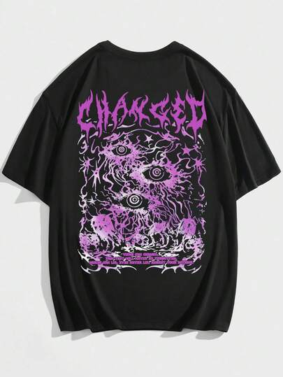 Goth قميص تي شيرت قصير الأكمام كاجوال للرجال مع طباعة شعار وتصميم عين، صيفي