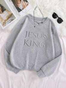 INAWLY Women's Slogan Embroidered Crew Neck Dropped Shoulder Long Sleeve Casual Loose Sweatshirt - Light Grey - View 4