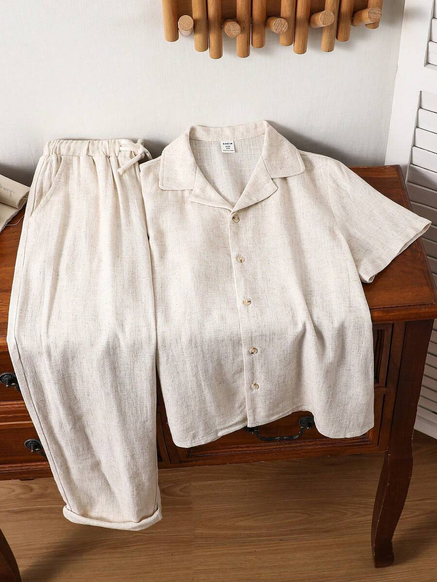 SHEIN 儿童青少年男孩休闲纯色短袖衬衫和裤子透气舒适套装（不含T恤）