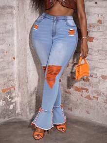 Slaydiva Plus Size Blue Denim Casual Skinny Flare Jeans Summer Outfits For Women Pants Jeans Women Y2k Cowgirl Outfits For Women Contrast Color Ripped Flared Trousers Women Low Rise Jeans Pants For Women Summer Pants Plus Size Jeans - Medium Wash - View 3