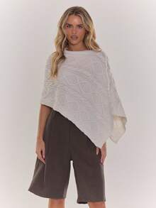 MUSERA Cable Knit Cape Poncho Top Cute Cosy Everyday Autum Winter Holidays Festive - Cream - View 1