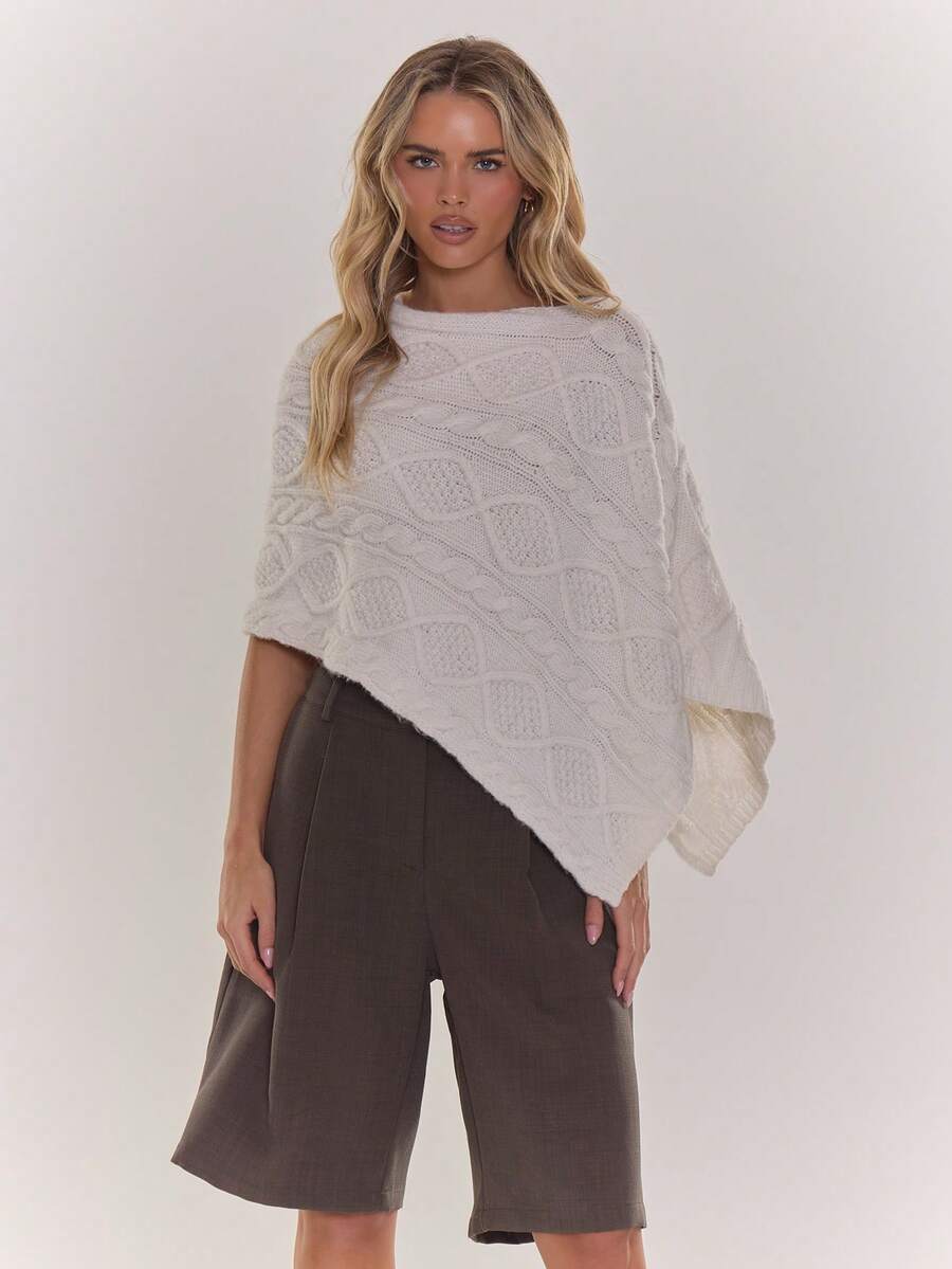 MUSERA Cable Knit Cape Poncho Top Cute Cosy Everyday Autum Winter Holidays Festive - Cream - View 1