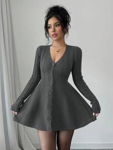 Selianne Cardigan Wanita Kasual Warna Polos dengan Kancing Depan, Musim Gugur/Dingin - Dark Grey - View 5