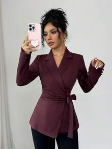 SHEIN Elenzya 女士冬季红色外套，时尚派对/约会/新年/感恩节/婚礼宾客礼服，时尚女式大衣，红色上衣 - 酒紅色 - 查看 3