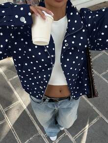 Muchica Navy Blue & White Polka Dot Casual Versatile Commute & Date Jacket, Plus Size, Spring/Summer Fall - Navy Blue - View 1