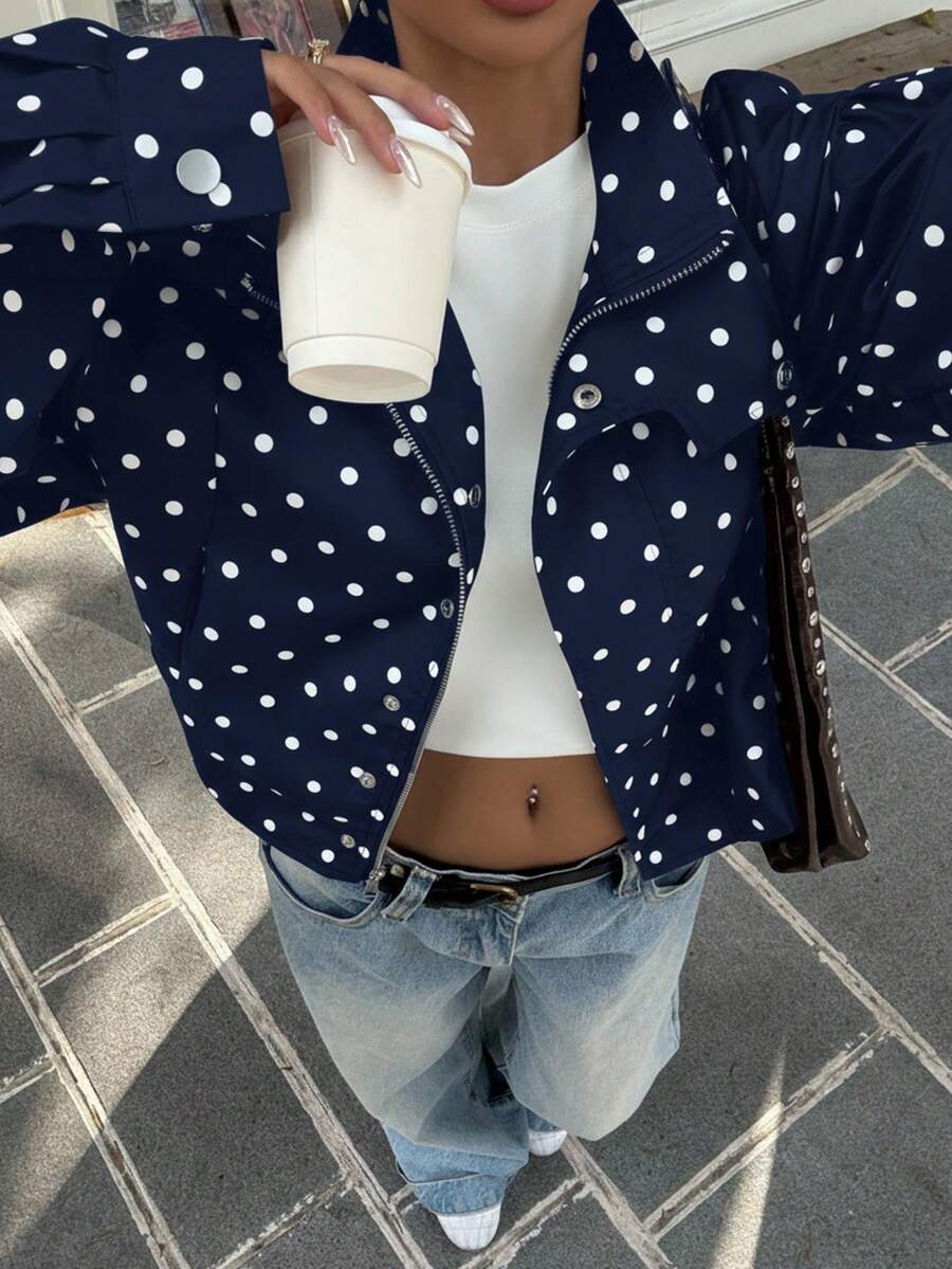 Muchica Navy Blue & White Polka Dot Casual Versatile Commute & Date Jacket, Plus Size, Spring/Summer Fall - Navy Blue - View 1