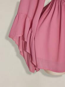 SHEIN ICON Plus Size Pink V-Neck Ruched Waist A-Line Dress With Flare Sleeves,Boho,Hippie,Y2K Style,Summer Holiday,Nomadic Vibe,Music Festivals & Back To School - Baby Pink - View 7